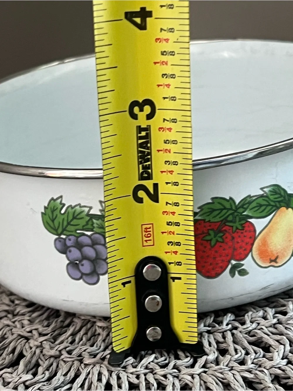 Vintage White Enamel Fruit-Print Bowl apples cottage core granny decor